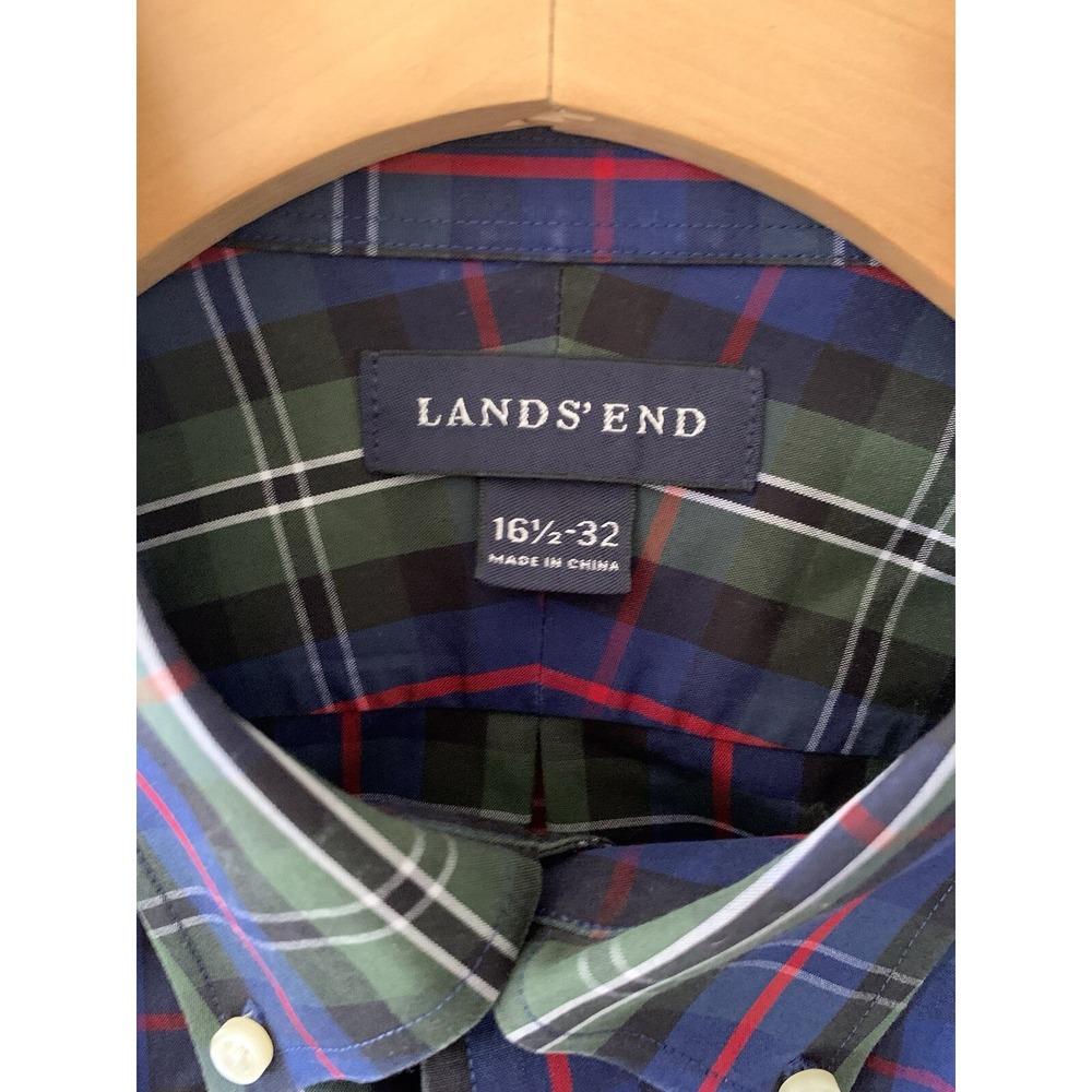 Lands End Mens Plaid Button Down Shirt 16 1/2 32 Blue Green Red Long Sleeve - Picture 2 of 5